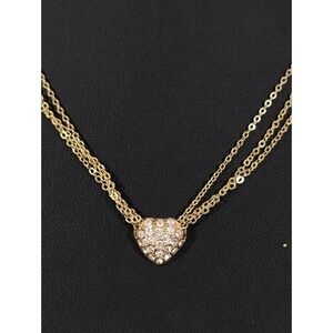 Gold Tone Triple Chain Rhinestone Pave heart Slide Charm Necklace 17.5 in